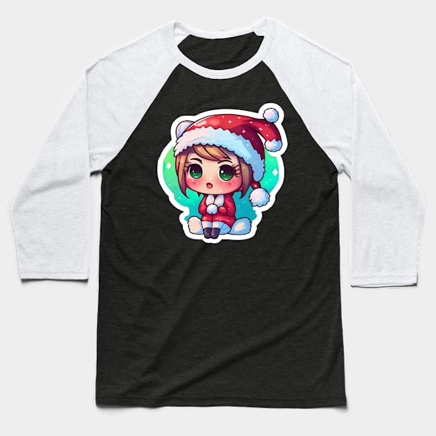 Cute Adorable Kawaii Chibi Girl Dressed in Santa Claus Outfit Baseball T-Shirt by The Little Store Of Magic